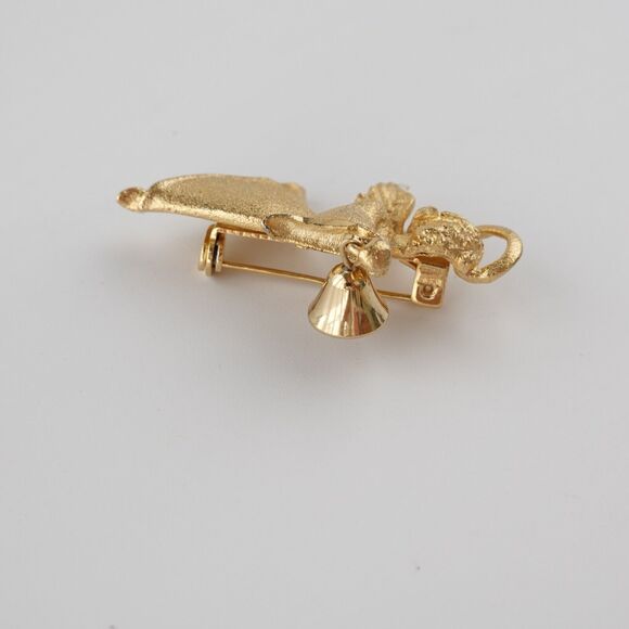 Vintage Gold Tone Cherub Angel Ringing Bell Brooch Pin - Picture 11 of 16